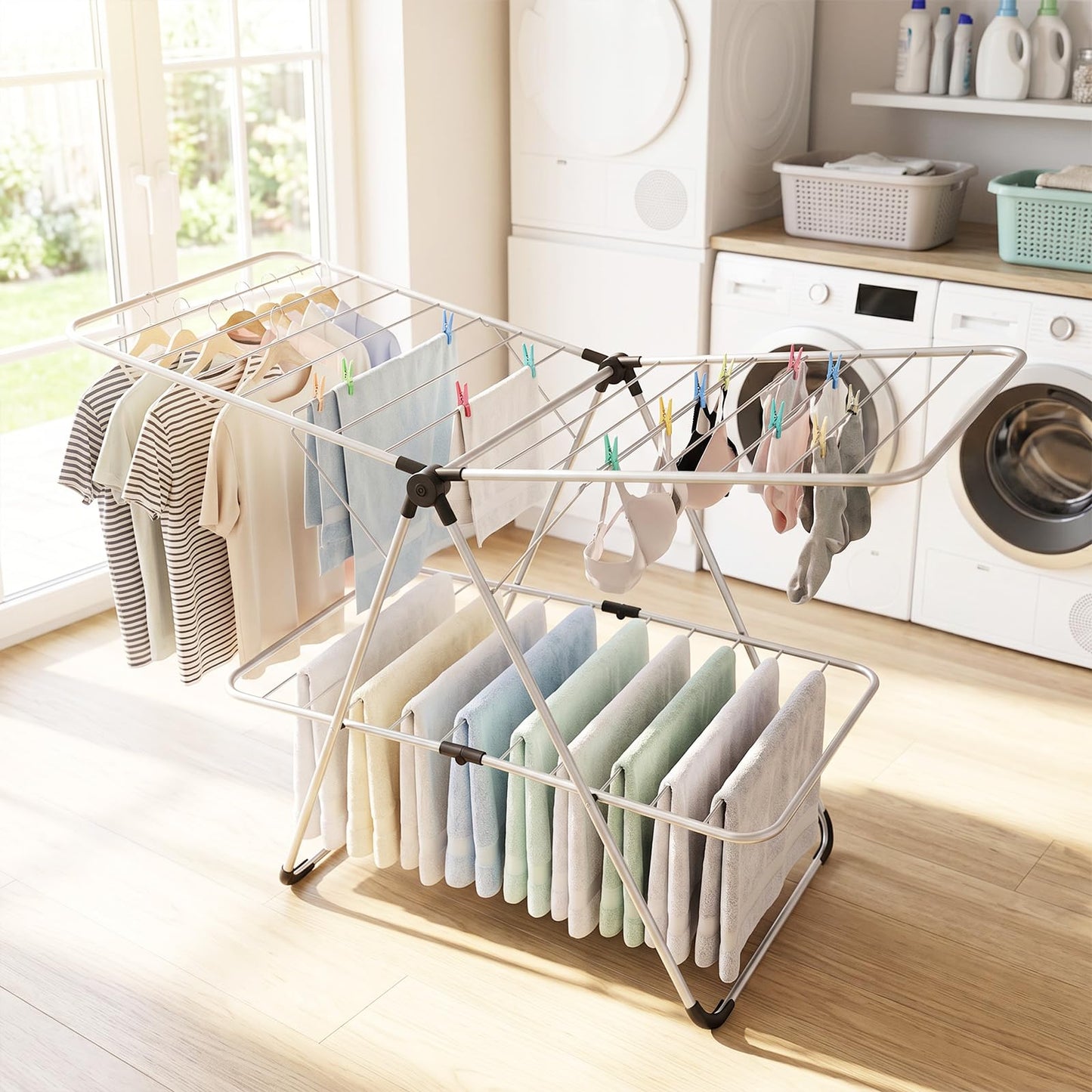 Tangkula 2-Level Heavy-Duty Aluminum Laundry Drying Rack Collapsible with Height-Adjustable Wings