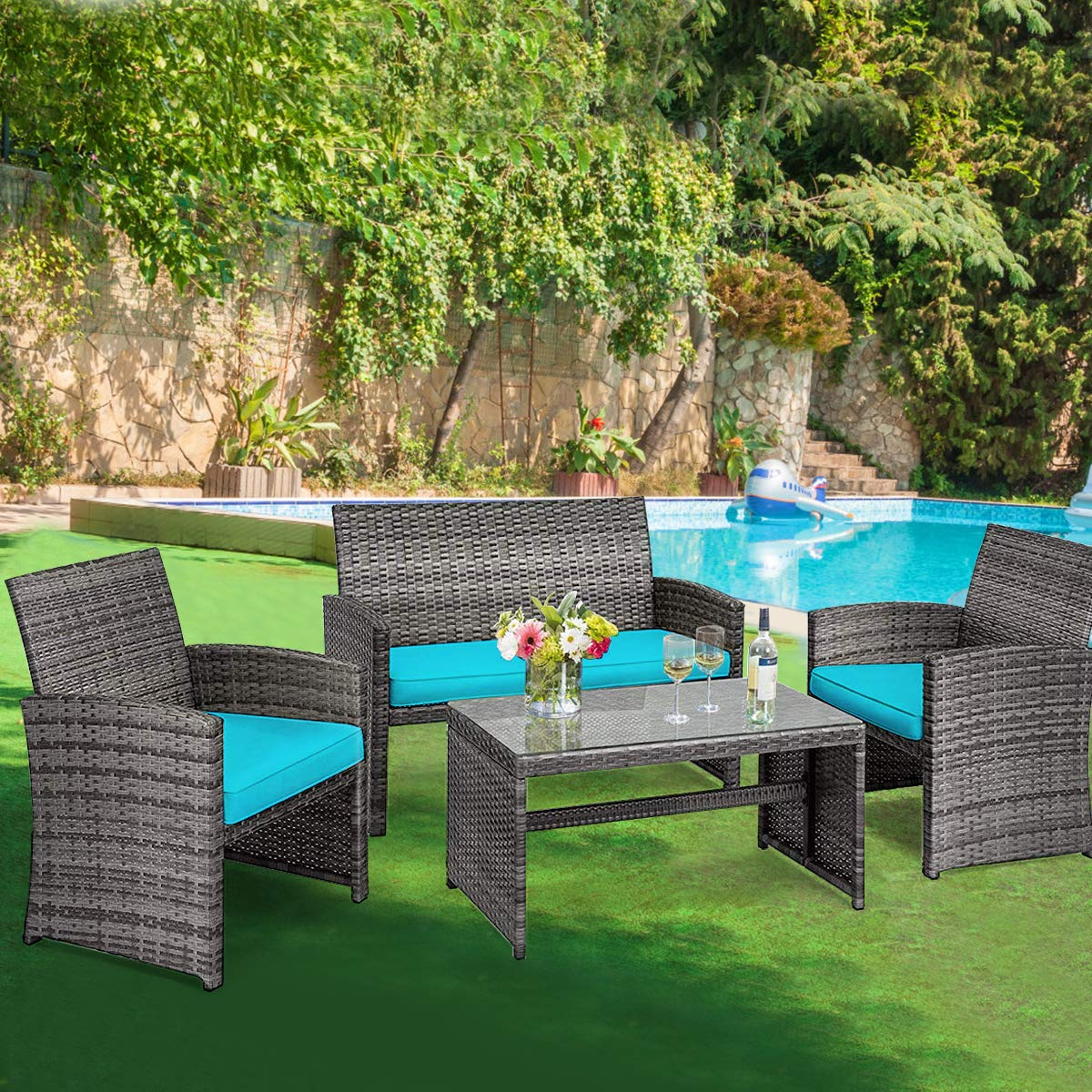 Tangkula 4/8 PCS Wicker Patio Conversation Set, Outdoor Rattan Sofas with Table Set