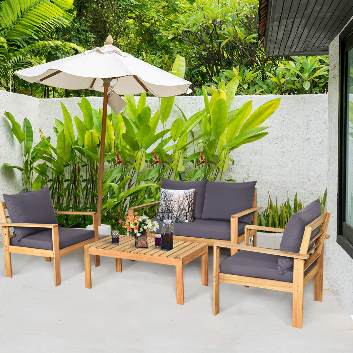 Tangkula Outdoor Conversation Sofa and Table Set with Water Resistant Cushions