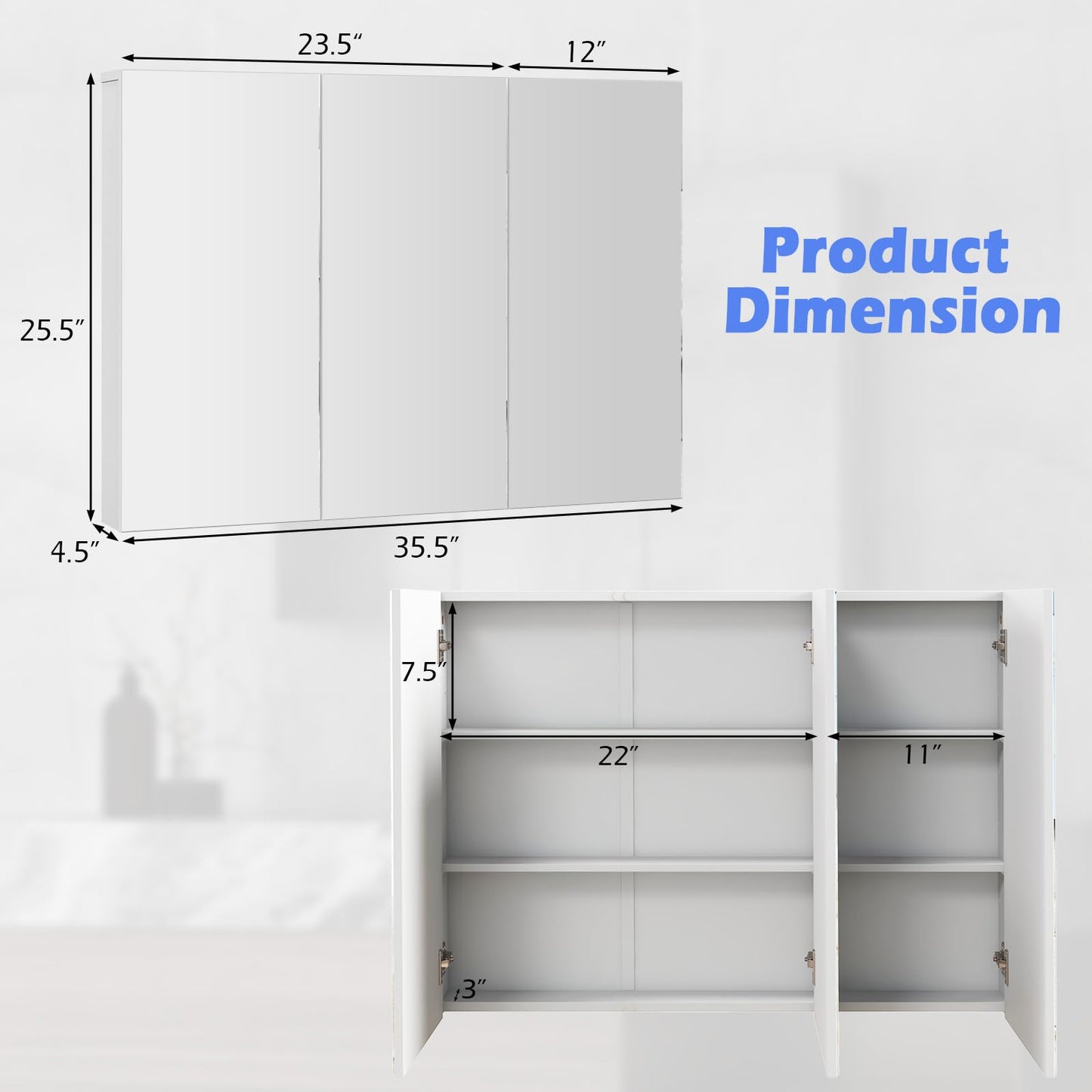 Tangkula 36" Wide Wall Mount Mirrored Bathroom Medicine Cabinet Storage 3 Mirror Door
