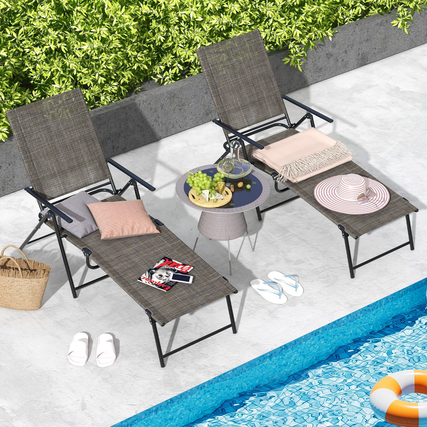 Tangkula Outdoor Lounge Chairs Set of 1/2, Patio Folding Chaise Recliner with 6-Level Backrest