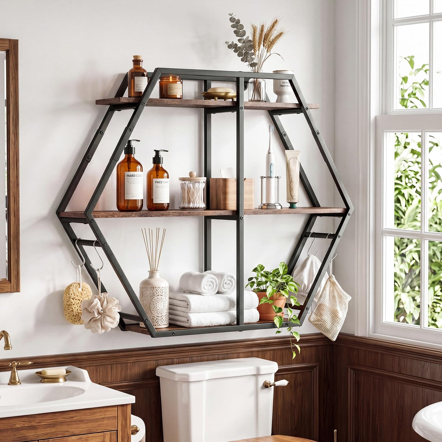 Tangkula 3-Tier Geometric Bookcase with 4 S-Shaped Hooks & Heavy Duty Metal Frame