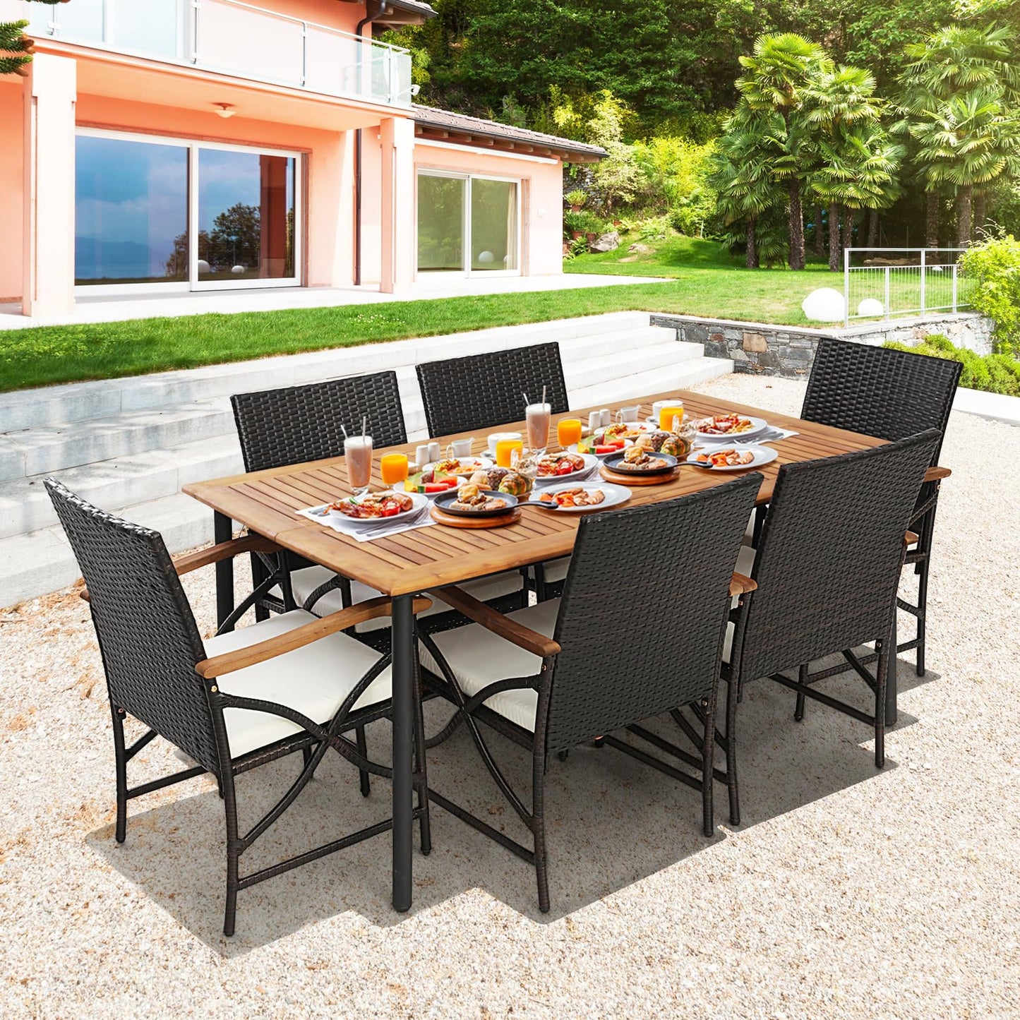 Tangkula Ensemble de salle à manger d'extérieur 5 pièces avec table en bois d'acacia et 4 chaises en rotin tressé avec accoudoirs