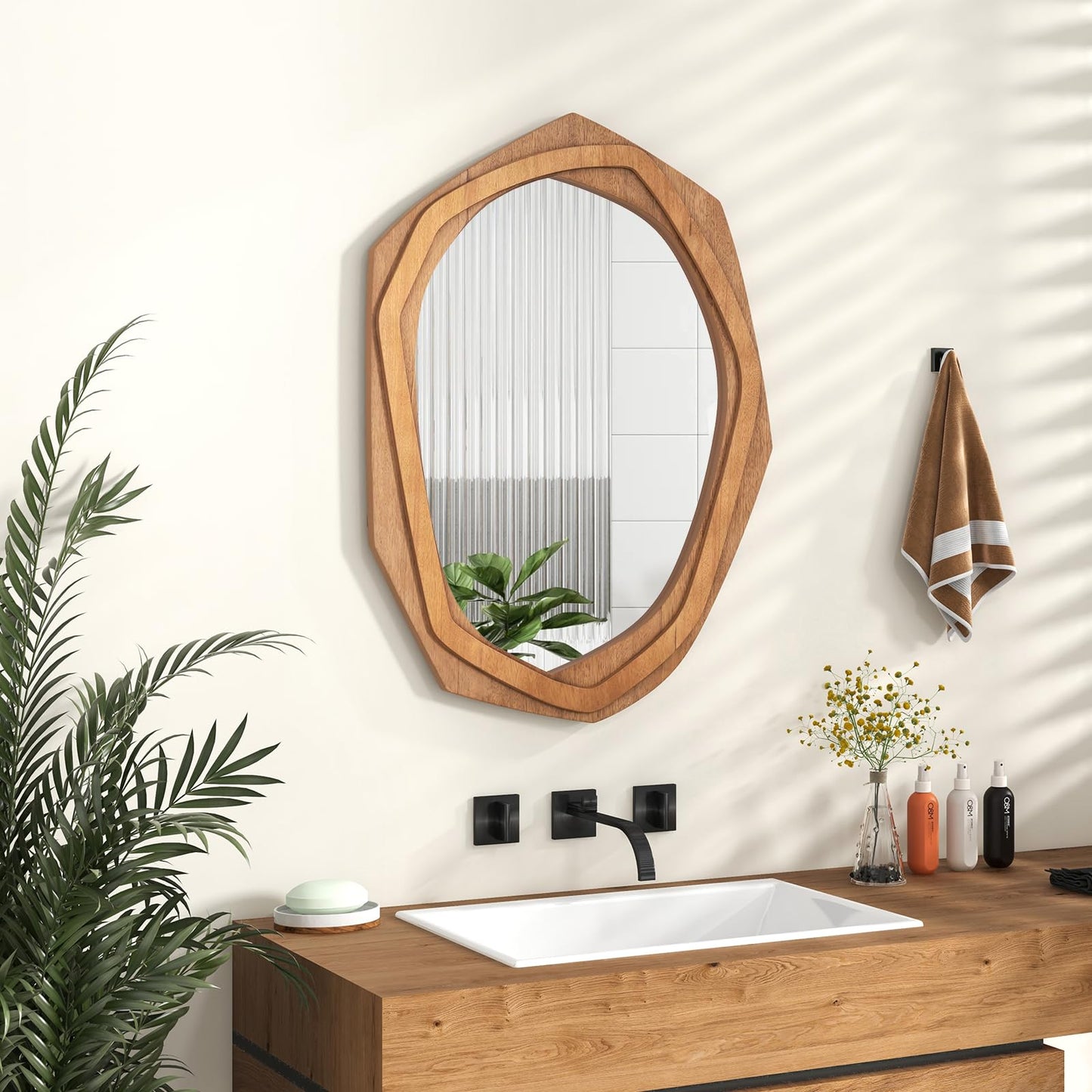 Tangkula Irregular Wood Framed Mirror, 35" x26" Large Farmhouse Decorative Mirror
