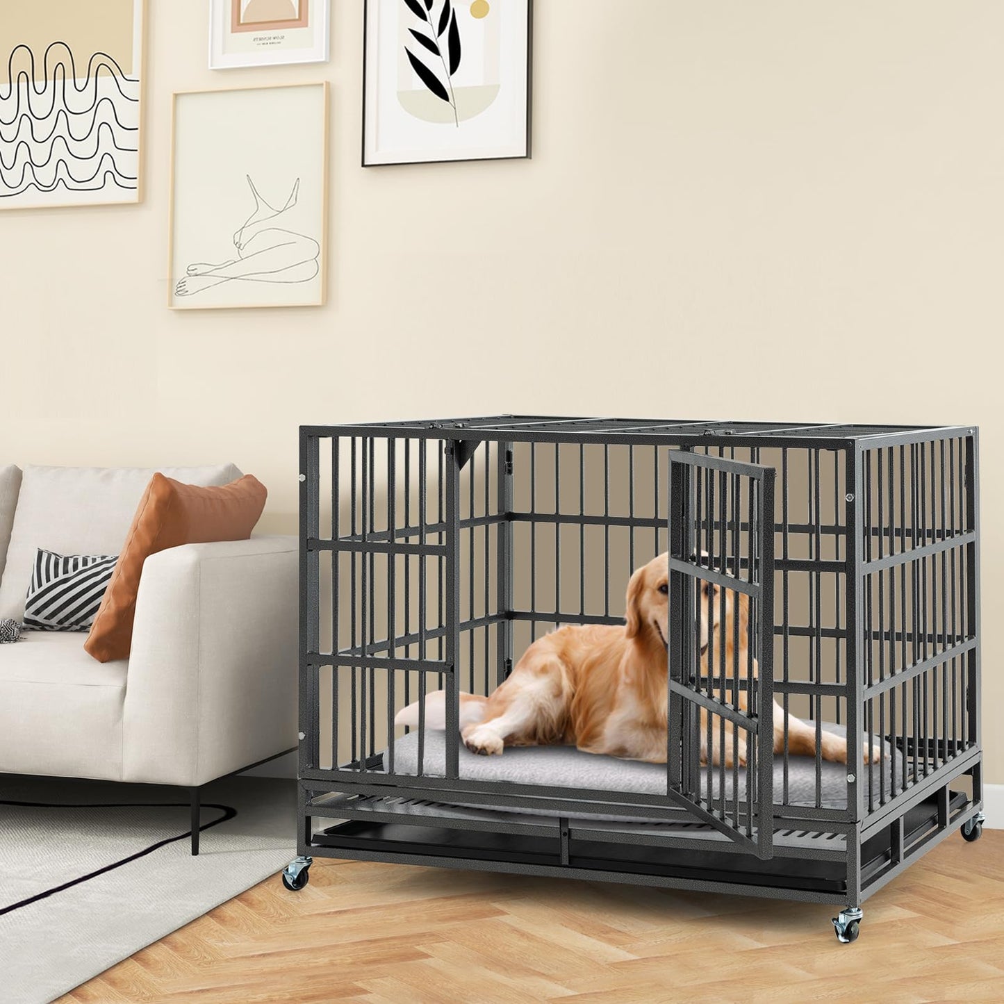 Tangkula Heavy-Duty Metal Dog Crate, Foldable Dog Kennel Crate with Lockable Wheels & Doors for Medium & Large Dogs
