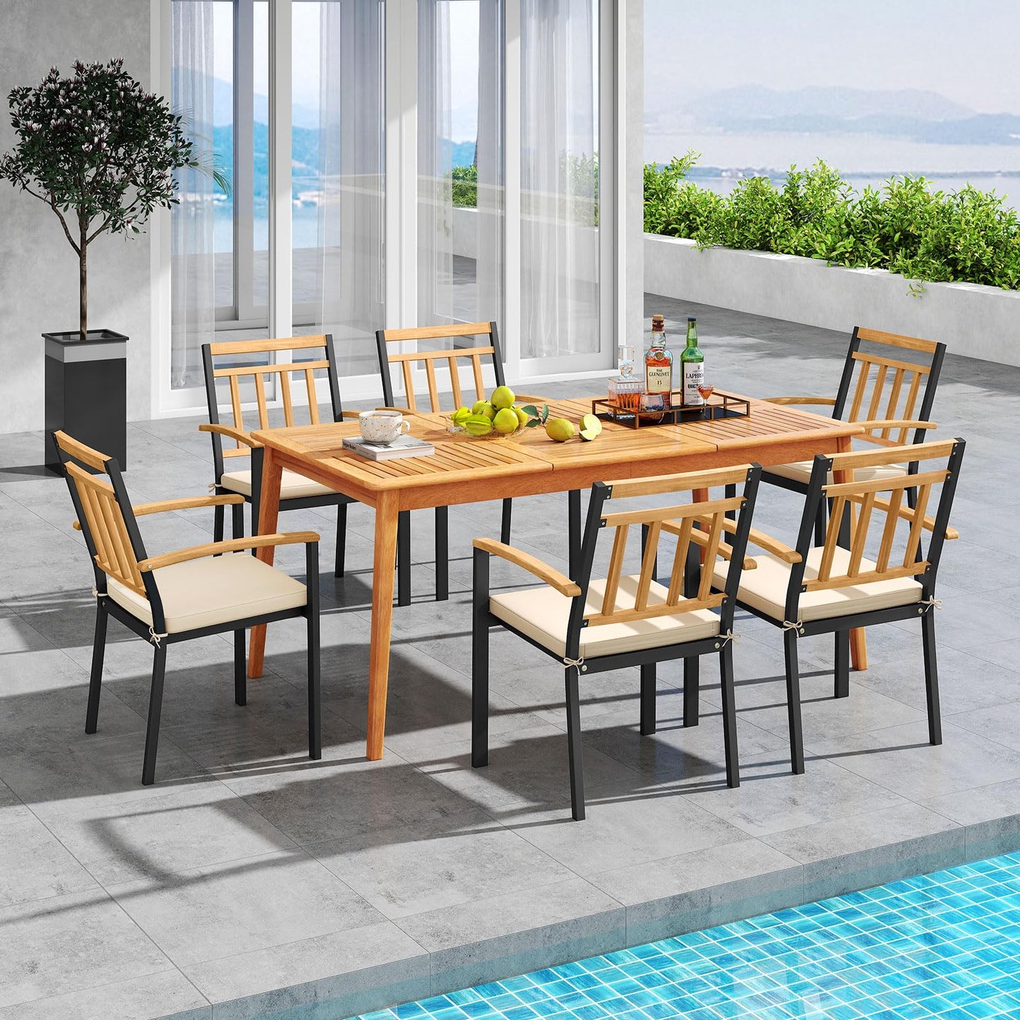 Tangkula Ensemble de 7 pièces de salle à manger d'extérieur en bois avec trou pour parasol