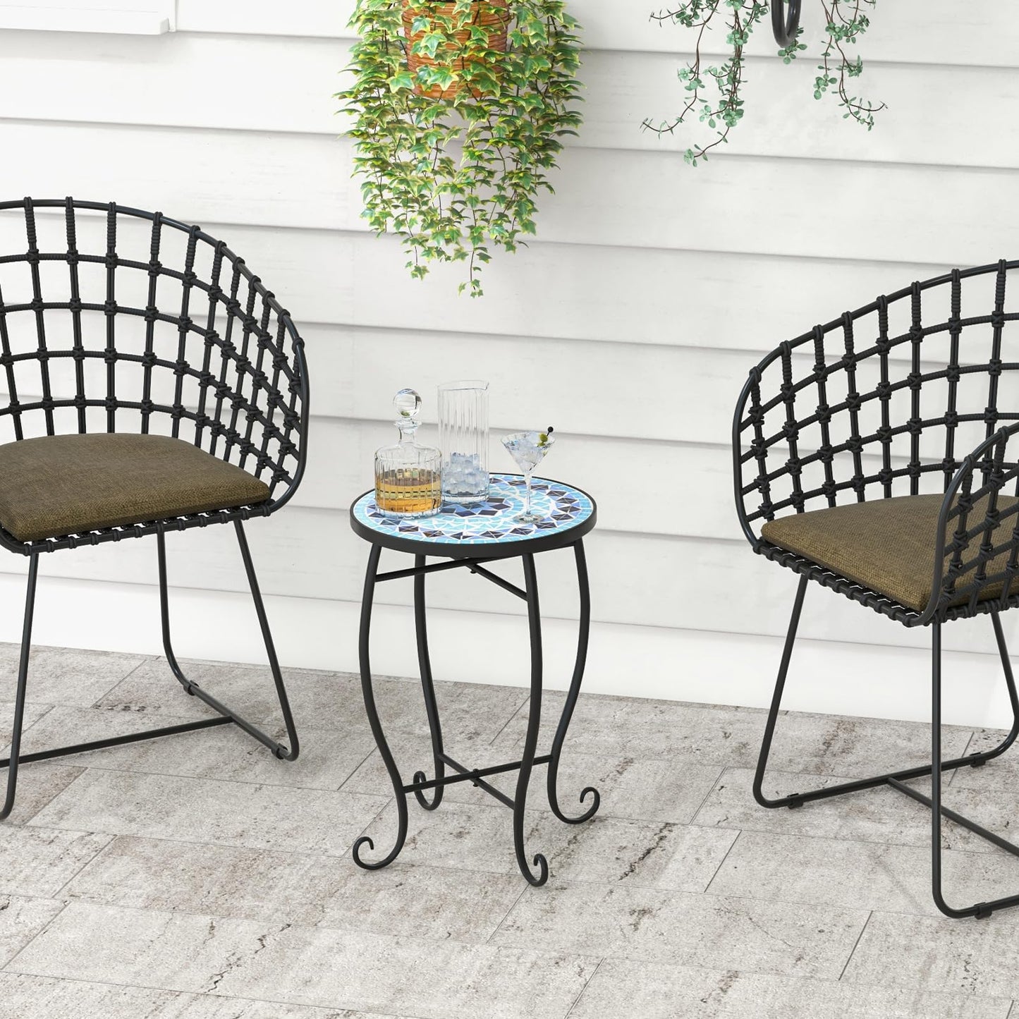 Tangkula Outdoor Side Table w/Ceramic Tile Top & Metal Frame