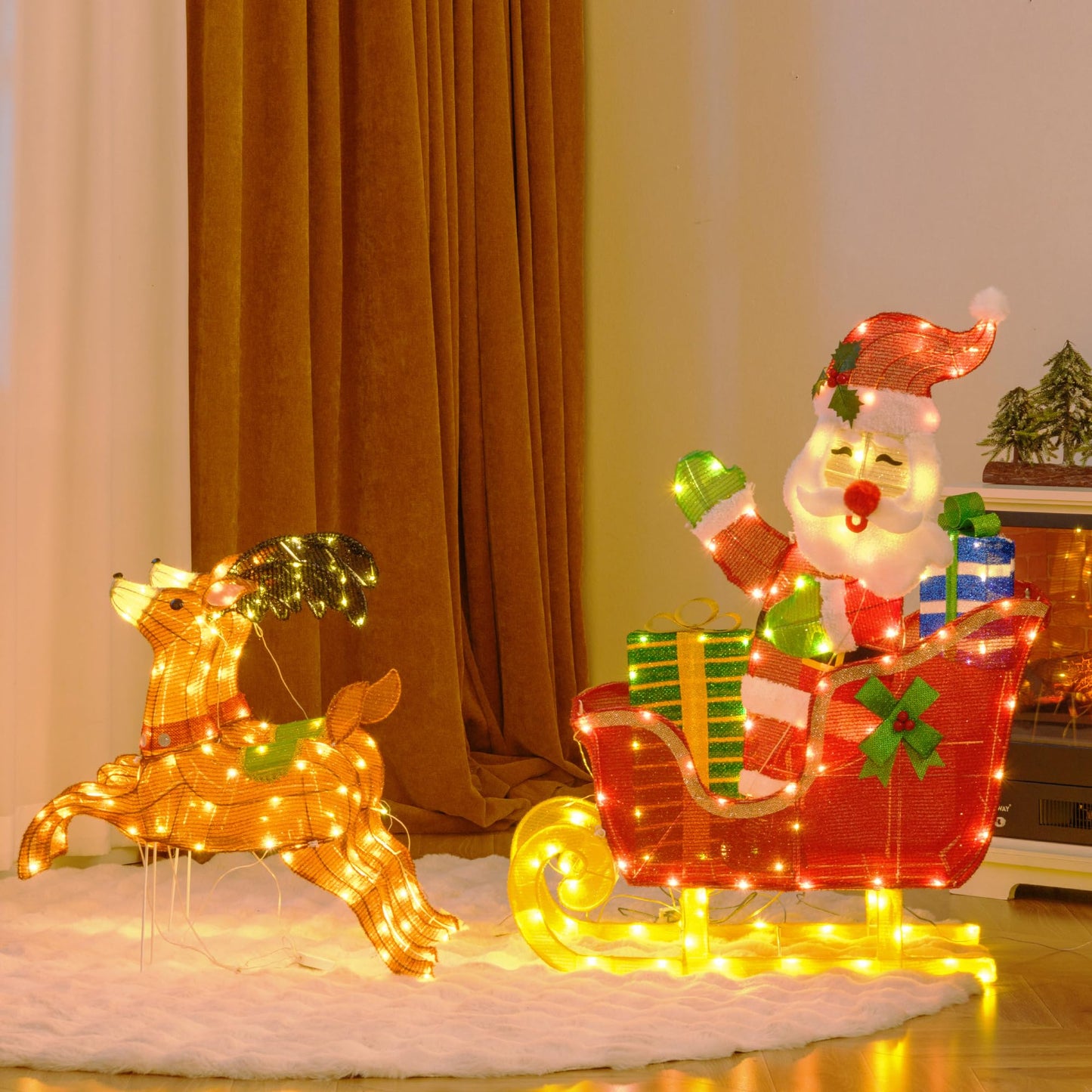 Tangkula 5 FT Christmas Lighted Reindeers with Santa Claus Sleigh, Outdoor Light-up Xmas Decoration Set with 239 LED Lights