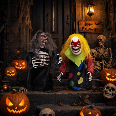 Tangkula 2 Pack Halloween Animated Tabletop Clown & Grim Reaper Decorations