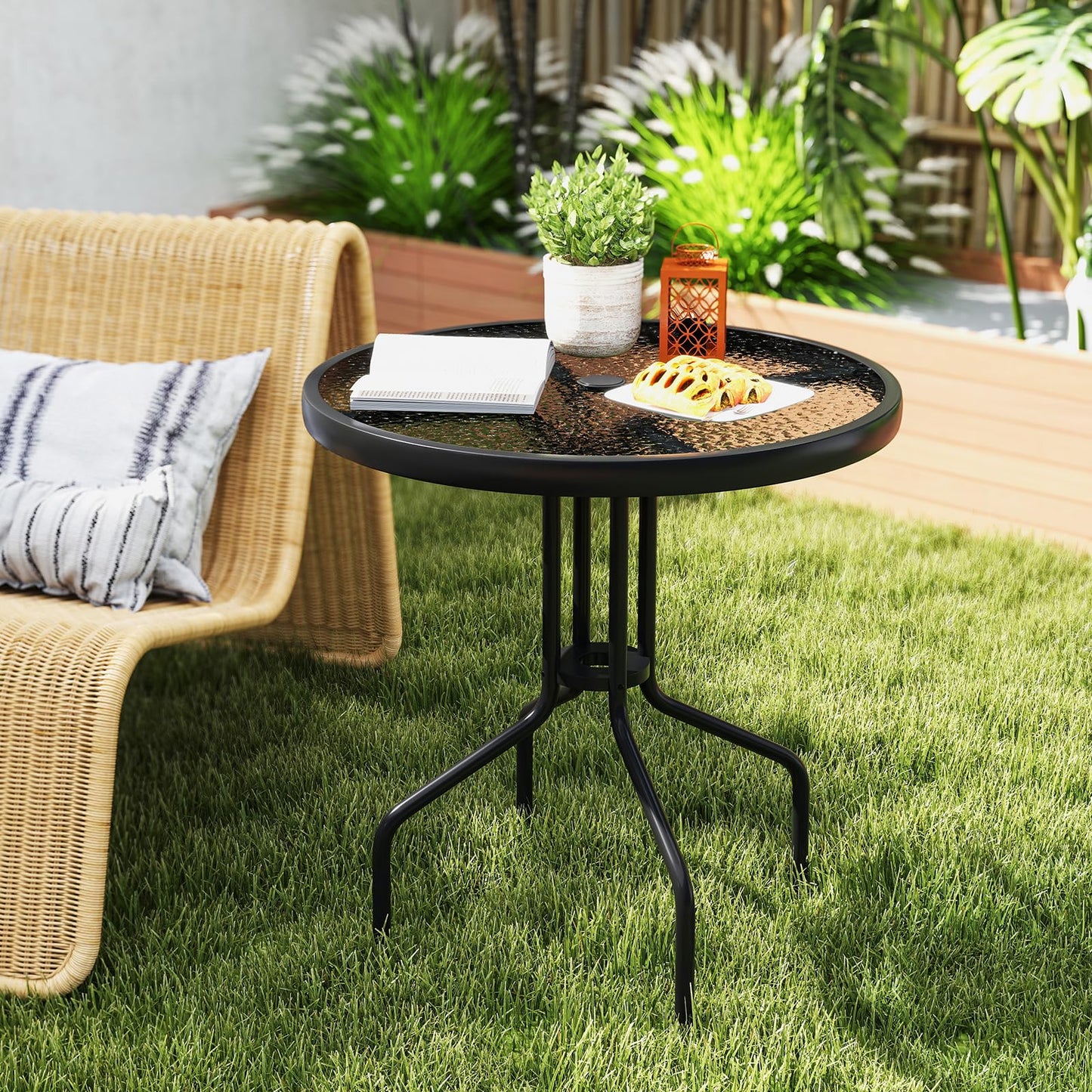 Tangkula Patio Round Glass Dining Table with 1.57" Umbrella Hole