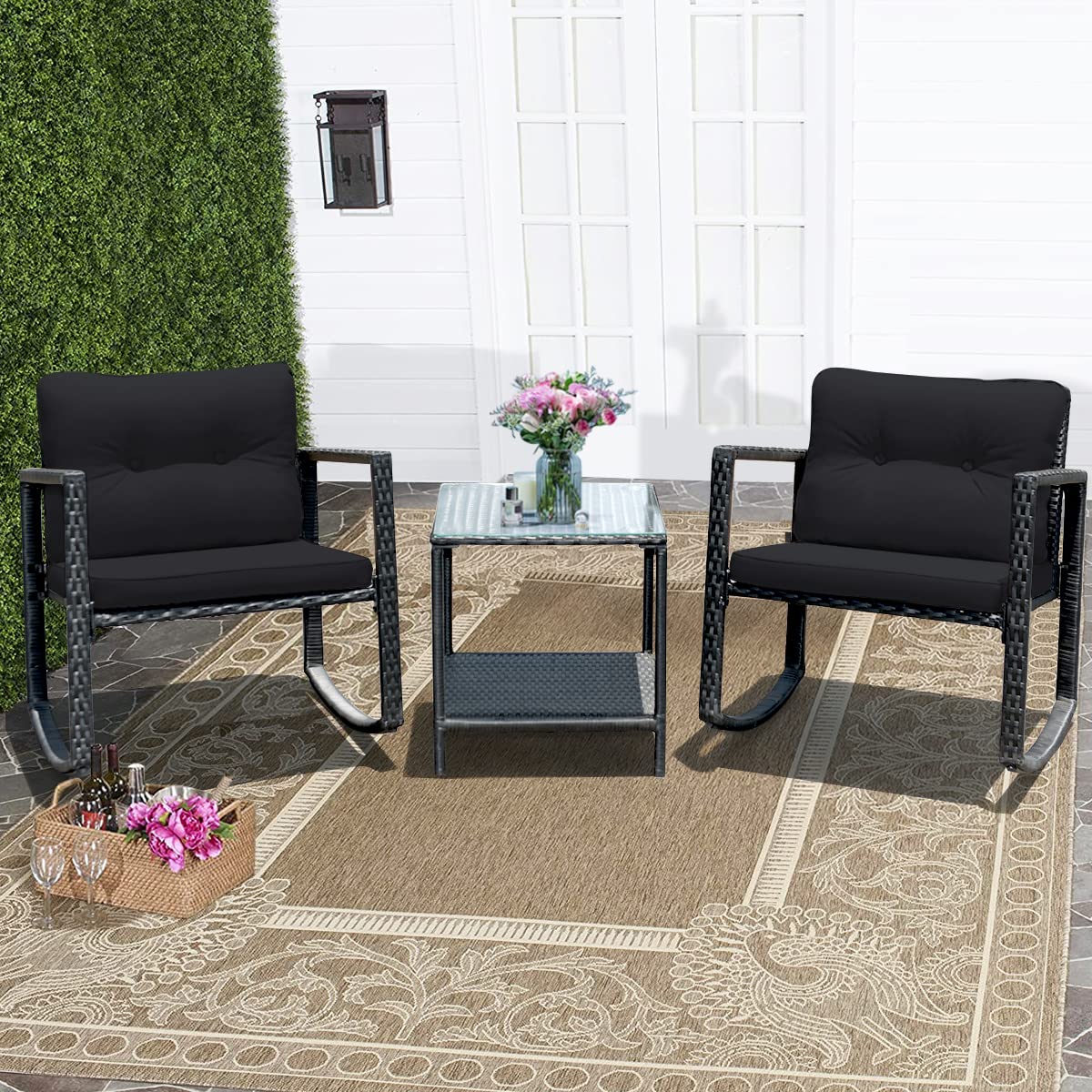 3 PCS Wicker Rocking Set, Outdoor Rocking Chairs and Table Set with Cushions