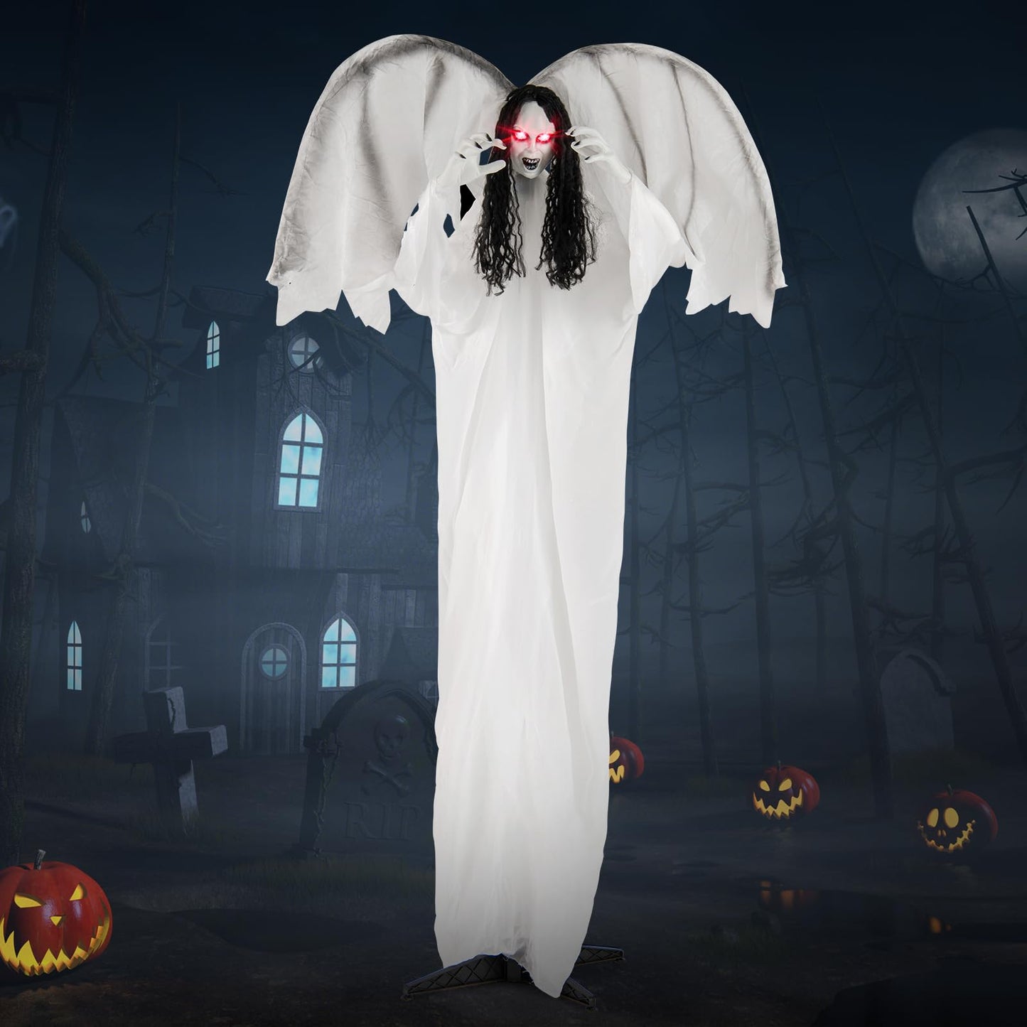 Tangkula 6.6 Feet Halloween Animatronic Standing Angel with Sound-Activated Light-up Eyes and Flapping Wings