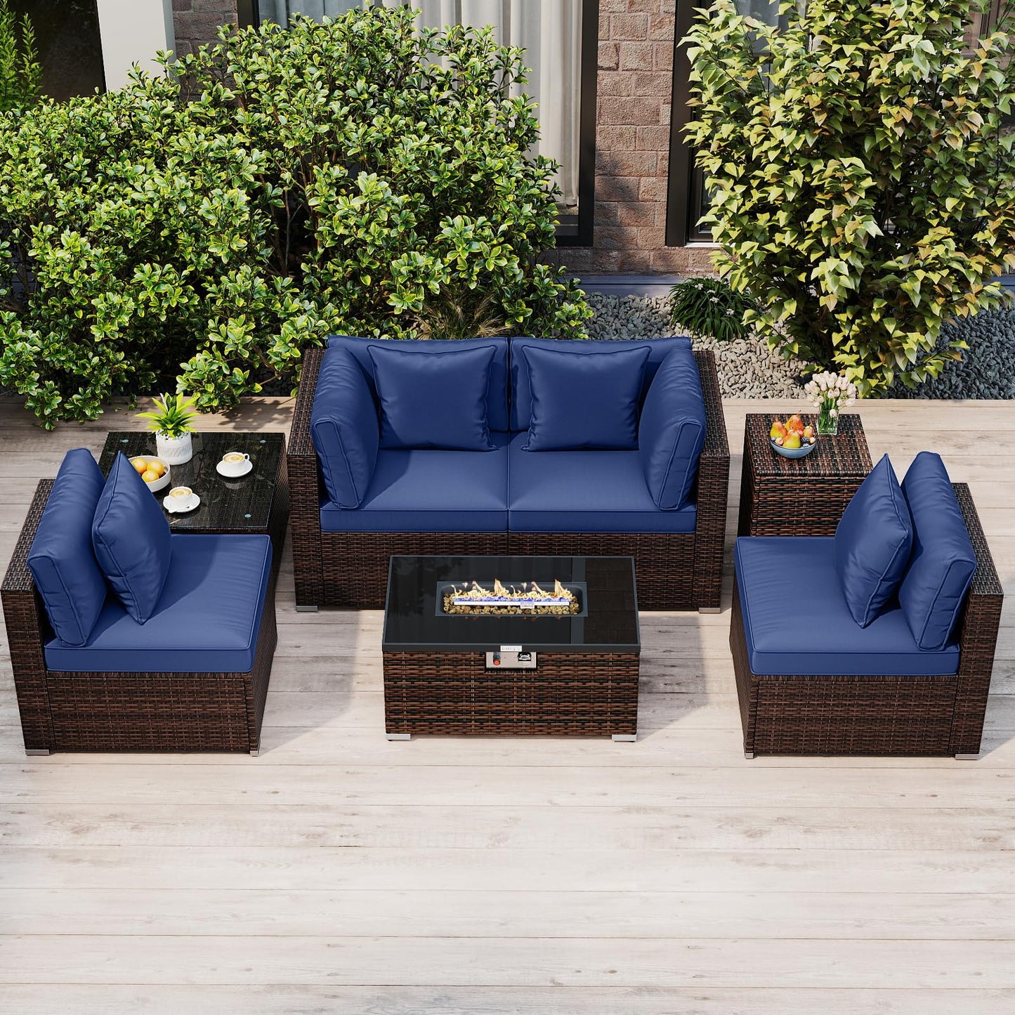 Tangkula 7 Pieces Wicker Patio Furniture Set with 40,000 BTU Gas Fire Pit Table & Propane Tank Cover Table & Glass Top Coffee Table
