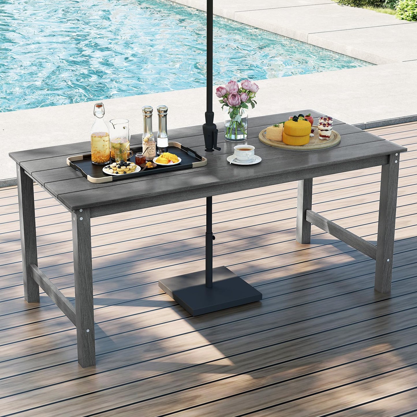 Tangkula 67" HDPE Outdoor Dining Table with Wood-Like Tabletop and Umbrella Hole