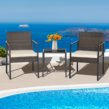 Tangkula 3 Piece Patio Furniture Set, Modern Heavy Duty All Weather Cushioned Wicker Chairs and Coffee Table Set