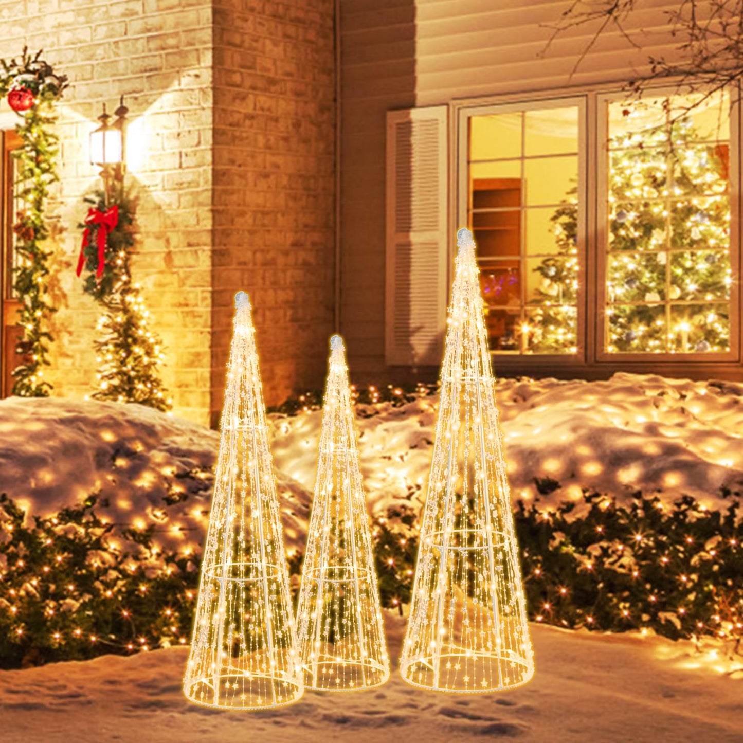 Tangkula Set of 3 Lighted Christmas Cone Trees Xmas Decorative Conic Tree Set