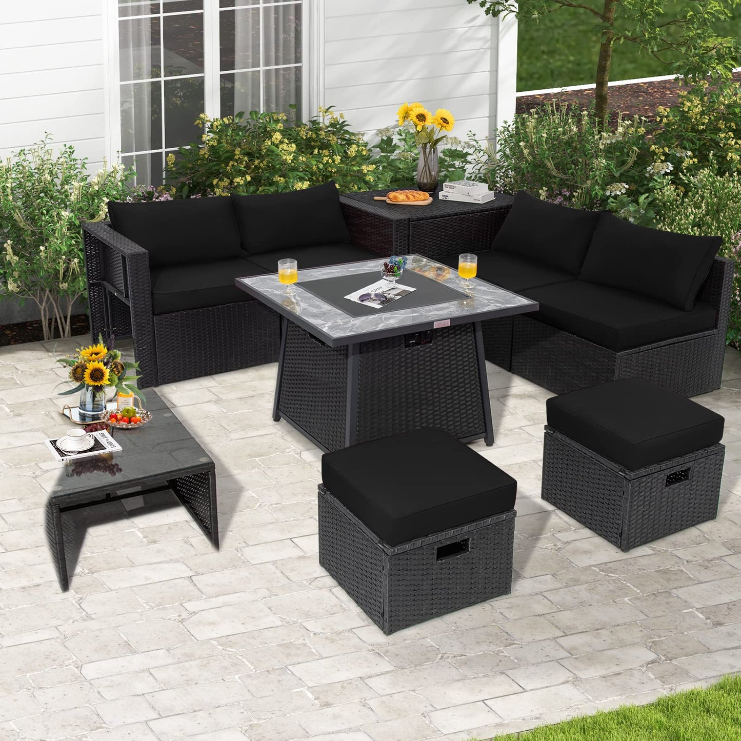 Tangkula 9 Pieces Outdoor PE Rattan Sectional Sofa with 35-Inch Gas Fire Pit Table