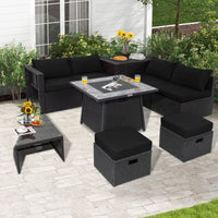 Tangkula 9 Pieces Outdoor PE Rattan Sectional Sofa with 35-Inch Gas Fire Pit Table