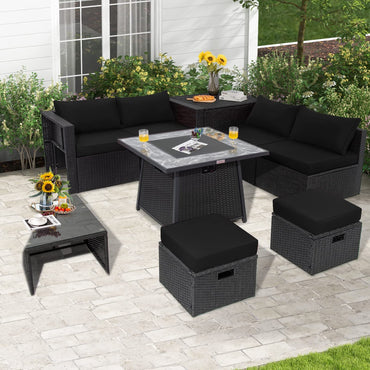 Tangkula 9 Pieces Outdoor PE Rattan Sectional Sofa with 35-Inch Gas Fire Pit Table