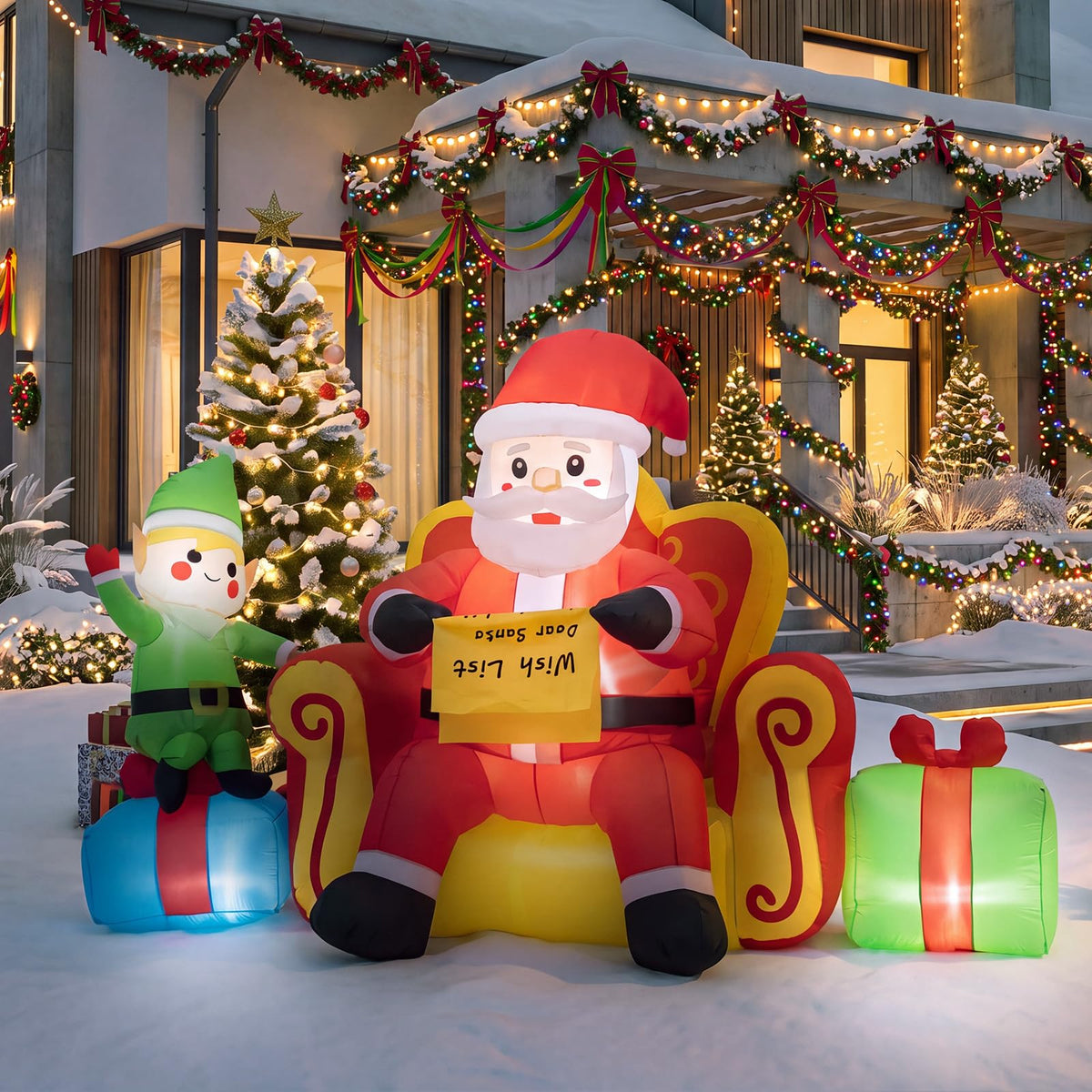 Tangkula Christmas Inflatable Santa Claus on Sofa with Elf & Gift Boxes
