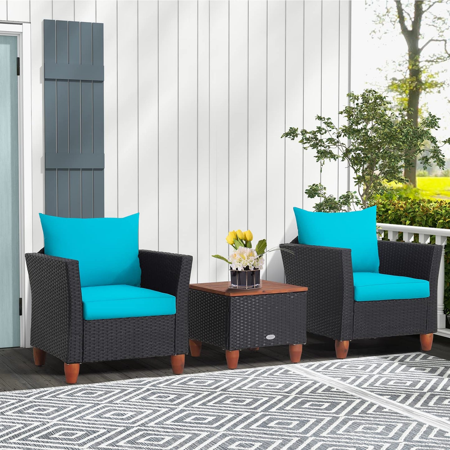 Tangkula 3 Pieces Patio Porch Furniture Set, PE Rattan Wicker Chair Conversation Set with Cushions and Storage Table