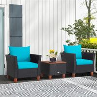 Tangkula 3 Pieces Patio Porch Furniture Set, PE Rattan Wicker Chair Conversation Set with Cushions and Storage Table