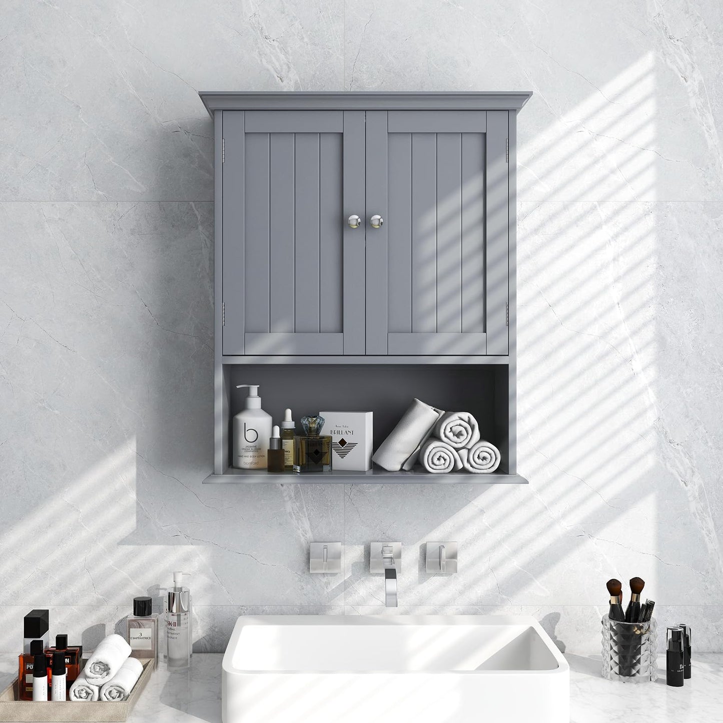 Tangkula Bathroom Wall Cabinet, Wooden Hanging Storage Cabinet with Doors & Shelves