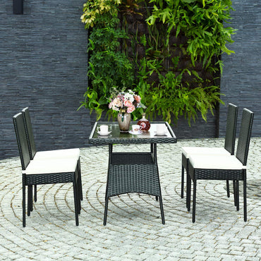 Tangkula 5 Piece Wicker Patio Dining Set with Tempered Glass Top & Padded Cushions