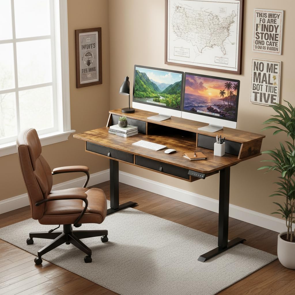Tangkula 55-Inch Electric Standing Desk with 4 Storage Drawers & Monitor Stand