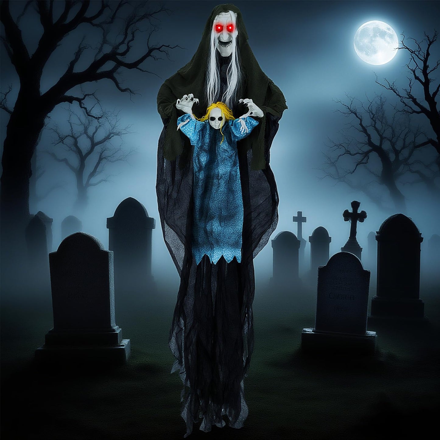 Tangkula Hanging Halloween Decoration Sound-Activated Witch Holding Ghost Girl with Spooky Sounds