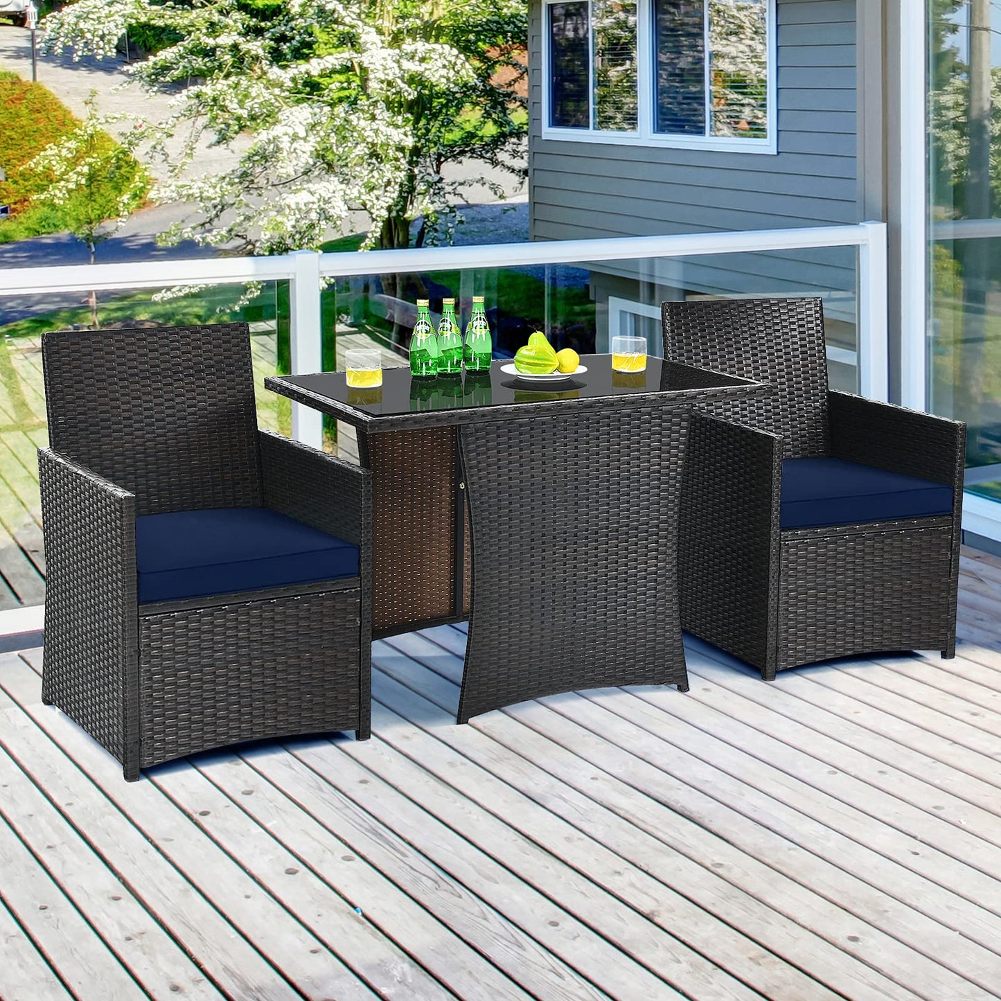 3 Pieces Patio Dining Set, Space-Saving PE Rattan Bistro Set with Tempered Glass Top Table and Cushioned Chairs