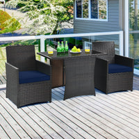 3 Pieces Patio Dining Set, Space-Saving PE Rattan Bistro Set with Tempered Glass Top Table and Cushioned Chairs