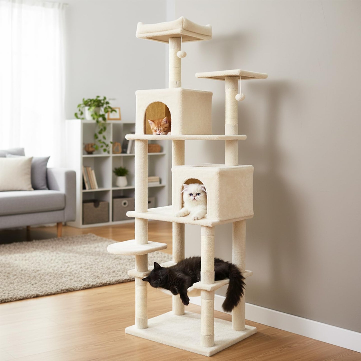 Tangkula Tour pour chat extra haute de 75 pouces avec poteau à griffer en sisal, perchoir supérieur rembourré et doubles condos