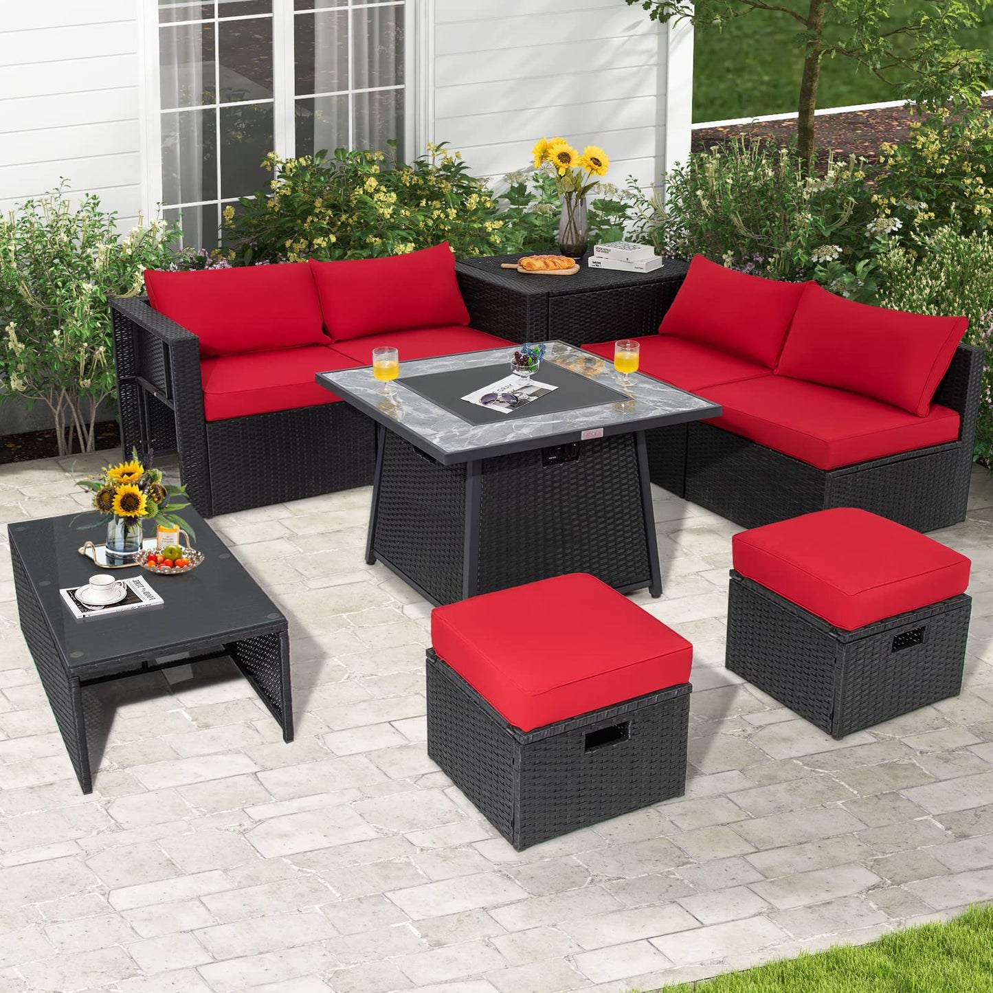 Tangkula 9 Pieces Outdoor PE Rattan Sectional Sofa with 35-Inch Gas Fire Pit Table