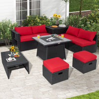 Tangkula 9 Pieces Outdoor PE Rattan Sectional Sofa with 35-Inch Gas Fire Pit Table