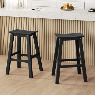 Tangkula Patio Bar Stools Set 29 Inch HDPE Bar Height Armless Saddle Stools with Curved Seat & Footrests