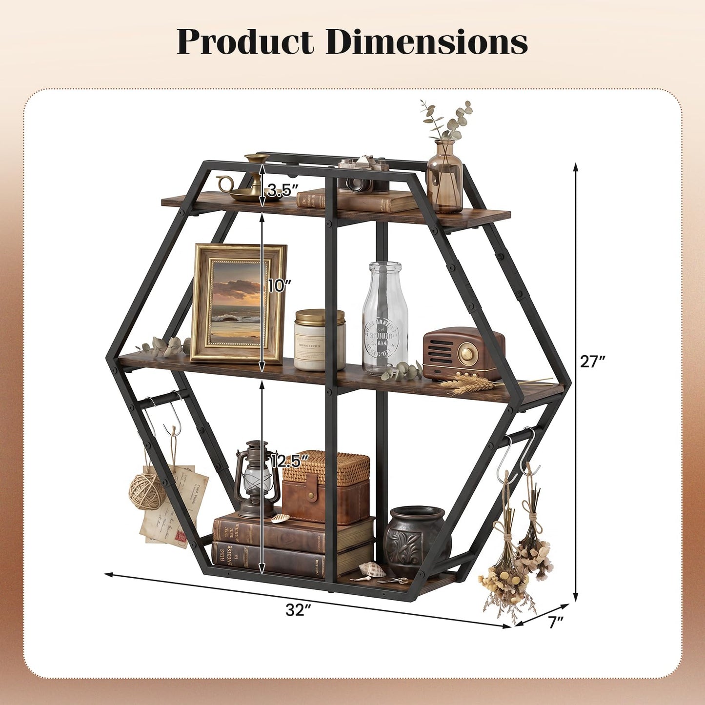 Tangkula 3-Tier Geometric Bookcase with 4 S-Shaped Hooks & Heavy Duty Metal Frame