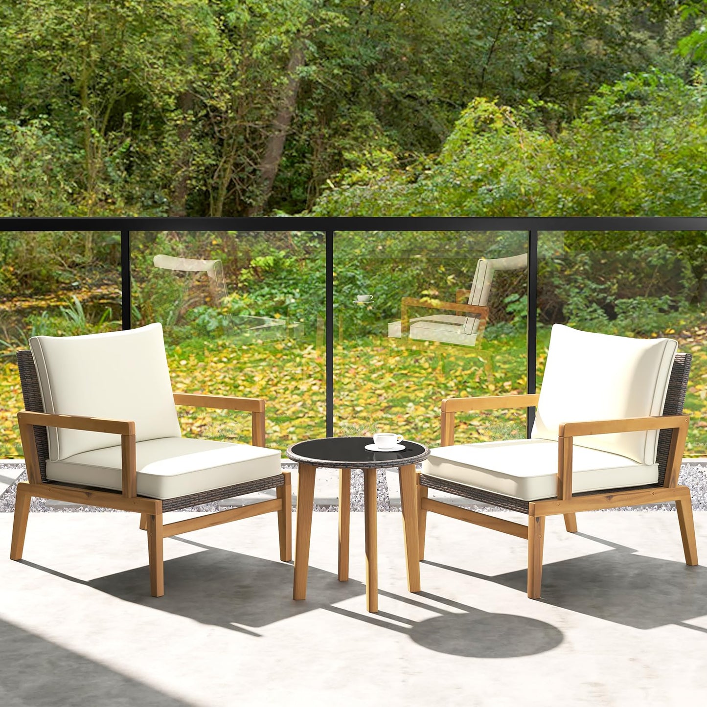 Tangkula 3 Piece Patio Chair Set, Wicker Chair & Side Table Set with Soft Cushions & Tempered Glass Tabletop