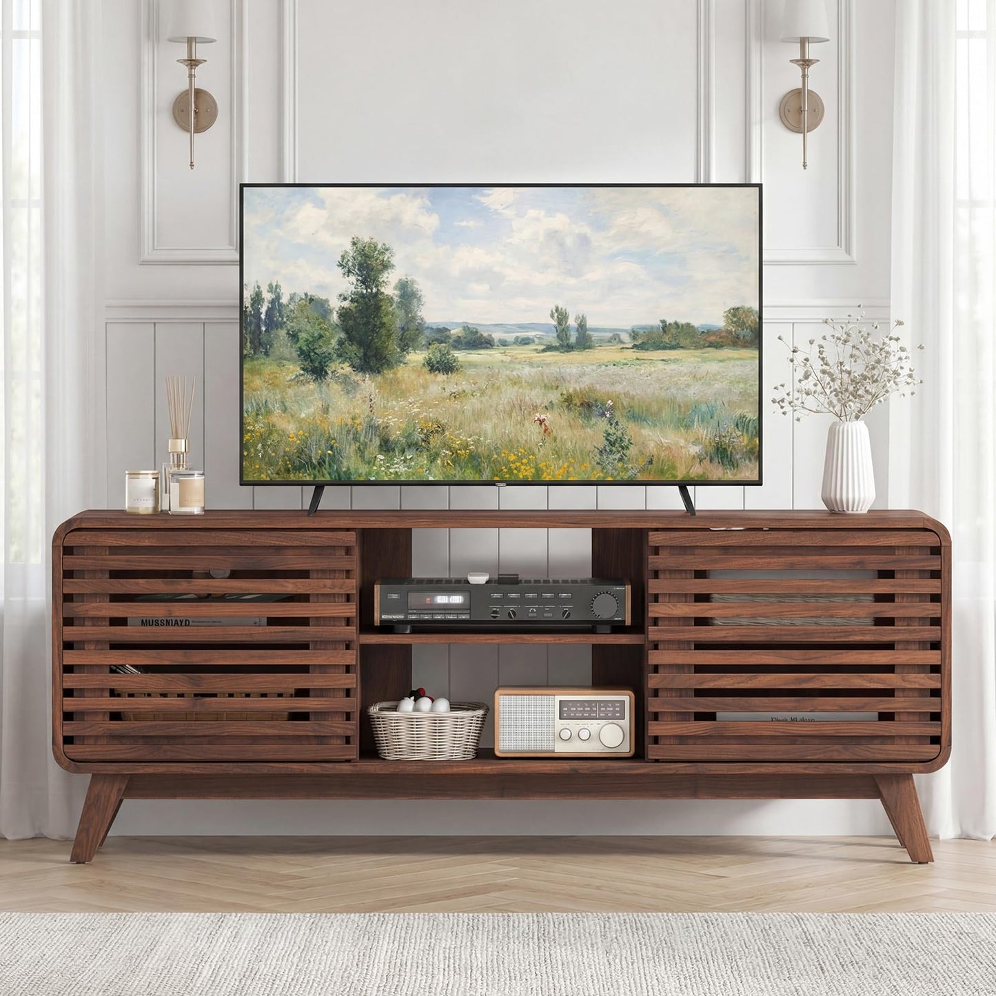 Tangkula Walnut TV Stand for 65” TVs for Living Room
