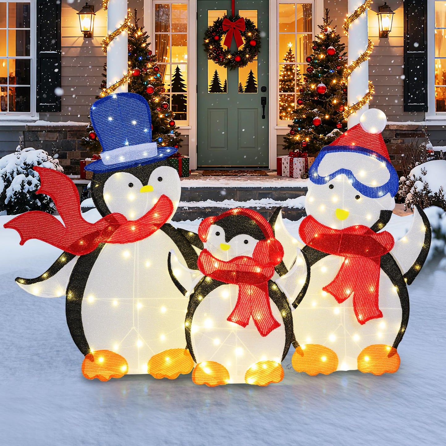 Tangkula 3-Piece Christmas Lighted Penguin Family Set Decoration