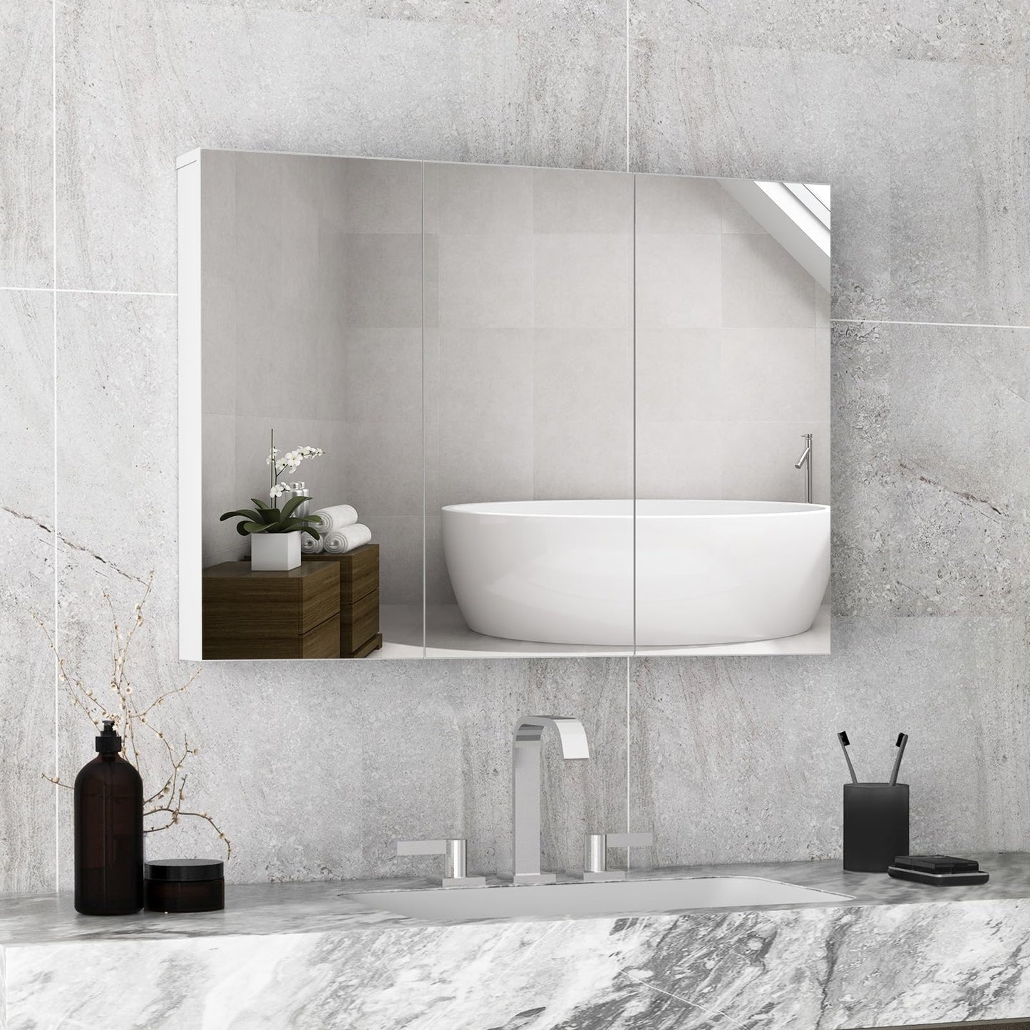 Tangkula 36" Wide Wall Mount Mirrored Bathroom Medicine Cabinet Storage 3 Mirror Door