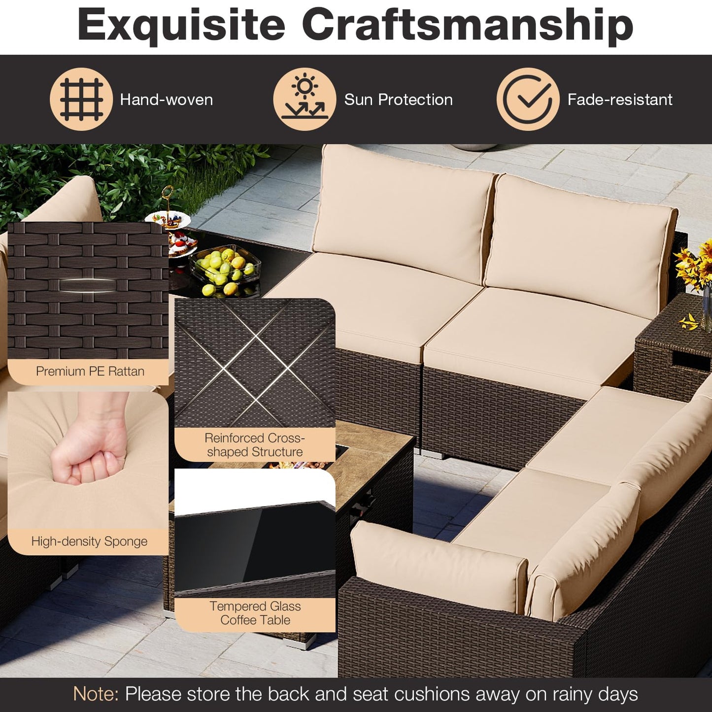 Tangkula 12 Pieces Patio Wicker Sectional Sofa Set with 40,000 BTU Propane Fire Pit Table