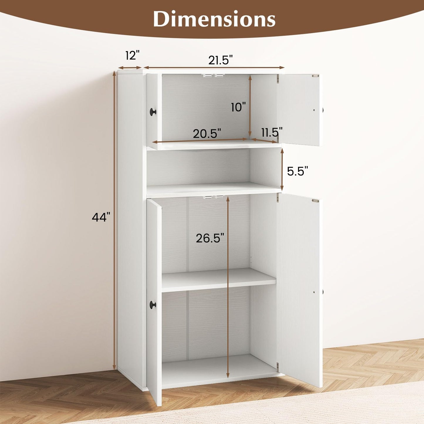 Tangkula 44” Tall Bookshelf with Doors 5-Tier Floor Standing