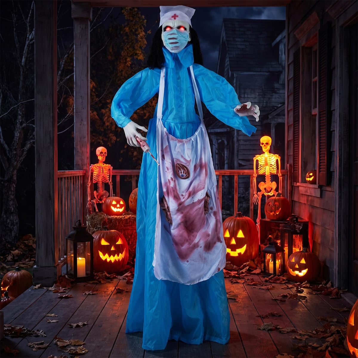 Tangkula 6.1 FT Halloween Standing Animatronics Zombie Nurse Holding Syring