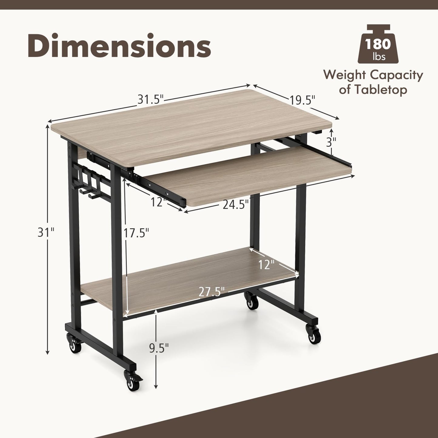 Tangkula Chariot de bureau roulant avec plateau pour clavier