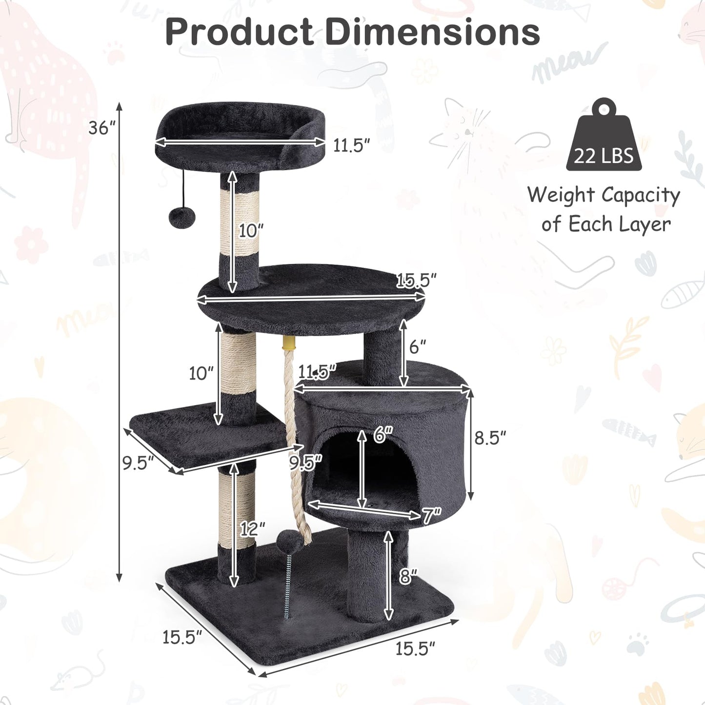 Tangkula 36 Inch Cat Tree Tower for Indoor Cats and Kittens