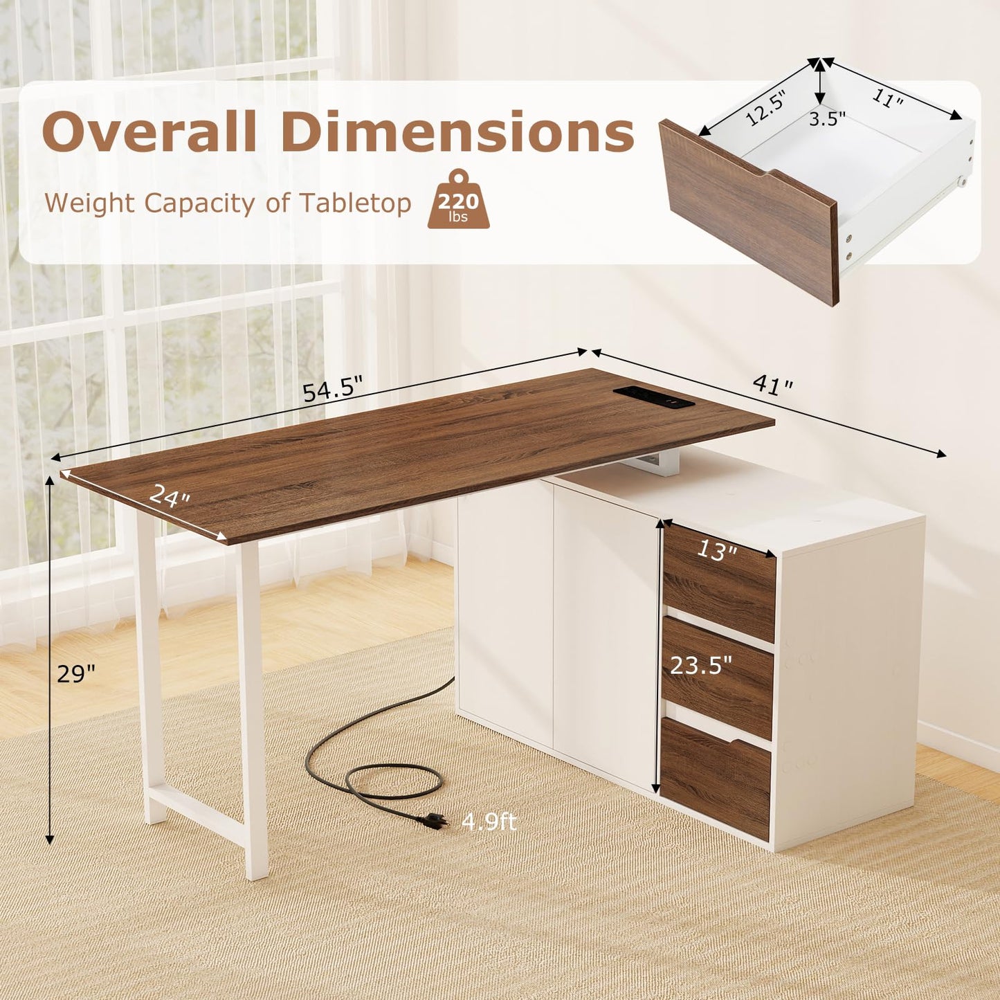 Tangkula Reversible L-Shaped Desk with File Cabinet & 3 Drawers