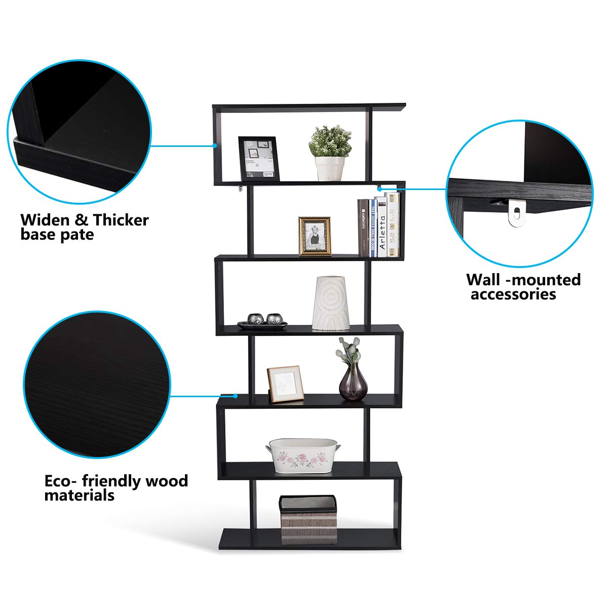 6 Shelf Bookcase, Modern S-Shaped Z-Shelf Style Bookshelf
