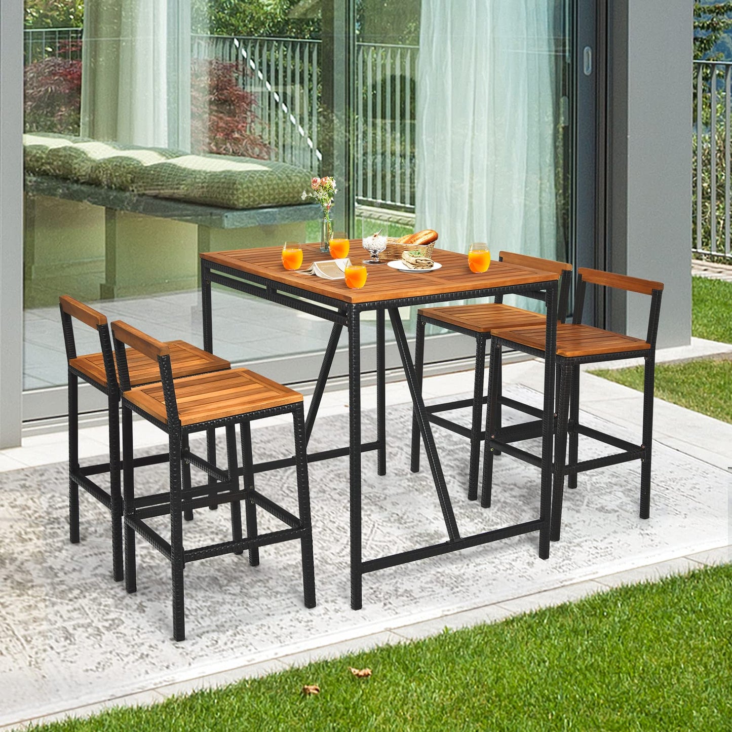 5-Piece Outdoor Acacia Wood Bar Table Set, Bar Height Outdoor and Rattan Dining Set