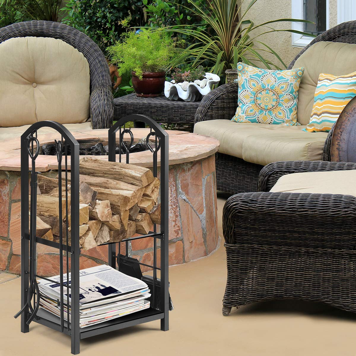 Range-bûches Tangkula avec 4 outils de cheminée, support de rangement pour bûches avec kit d'outils de cheminée (17,5" L x 12" l x 29,5" H)